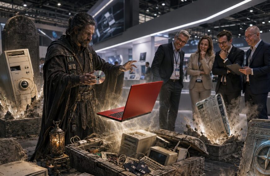 Auf einer modernen Technikmesse steigt ein rotes Notebook aus einem geöffneten steinernen Grab, während ein düsterer Magier und Messebesucher zwischen alten Computern und weiteren geöffneten Gräbern stehen.