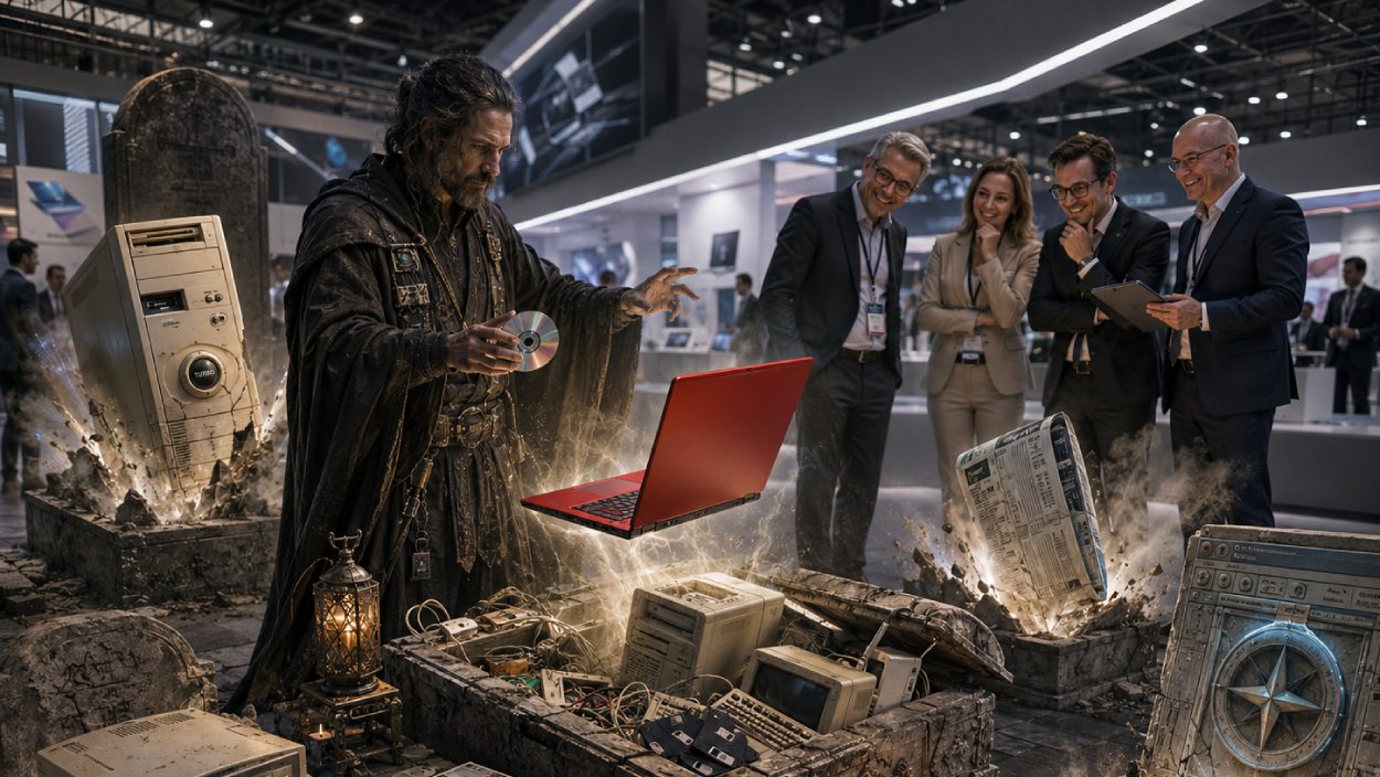 Auf einer modernen Technikmesse steigt ein rotes Notebook aus einem geöffneten steinernen Grab, während ein düsterer Magier und Messebesucher zwischen alten Computern und weiteren geöffneten Gräbern stehen.