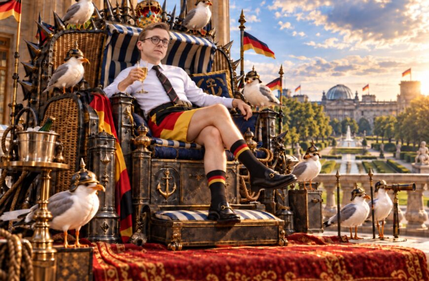 Philipp Amthor sitzt auf einem übertriebenen Thron aus Strandkorb, Metallspitzen und maritimen Elementen. Er trägt Schwarz-Rot-Gold-Shorts, eine Krone mit Windmesser und ist von Möwen mit kleinen Helmen umgeben; im Hintergrund ist ein Regierungsgebäude zu sehen.