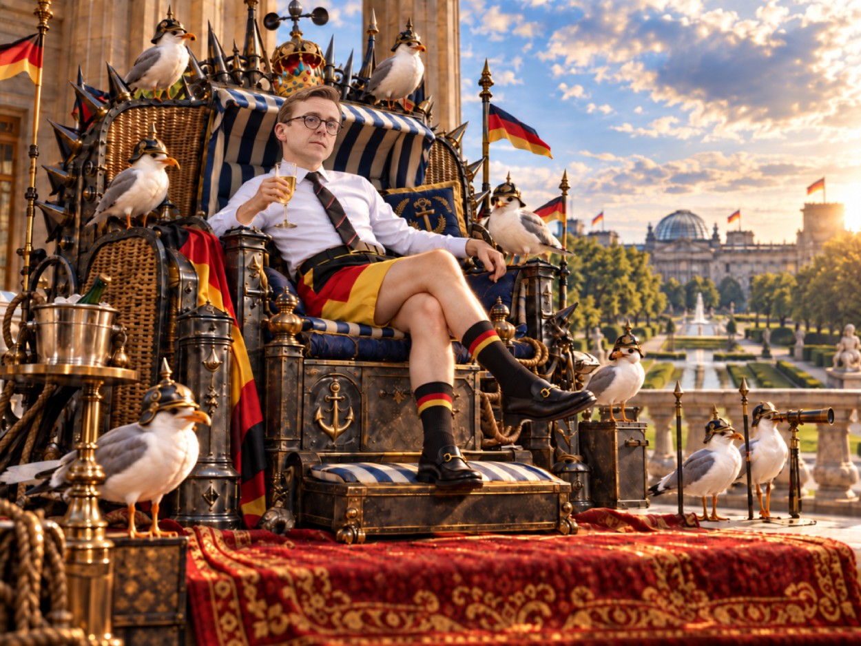 Philipp Amthor sitzt auf einem übertriebenen Thron aus Strandkorb, Metallspitzen und maritimen Elementen. Er trägt Schwarz-Rot-Gold-Shorts, eine Krone mit Windmesser und ist von Möwen mit kleinen Helmen umgeben; im Hintergrund ist ein Regierungsgebäude zu sehen.
