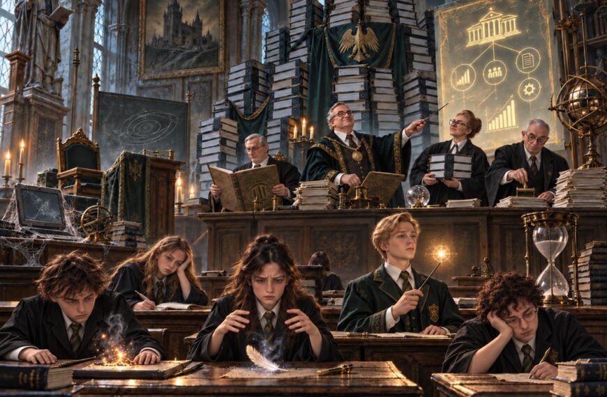 Satirische Fantasy-Illustration einer deutschen Magierakademie: erschöpfte Schüler kämpfen mit einfachen Zaubern, während ein selbstzufriedener Bildungsrat zwischen Aktenbergen, Diagrammen und Verwaltungsritualen tagt.