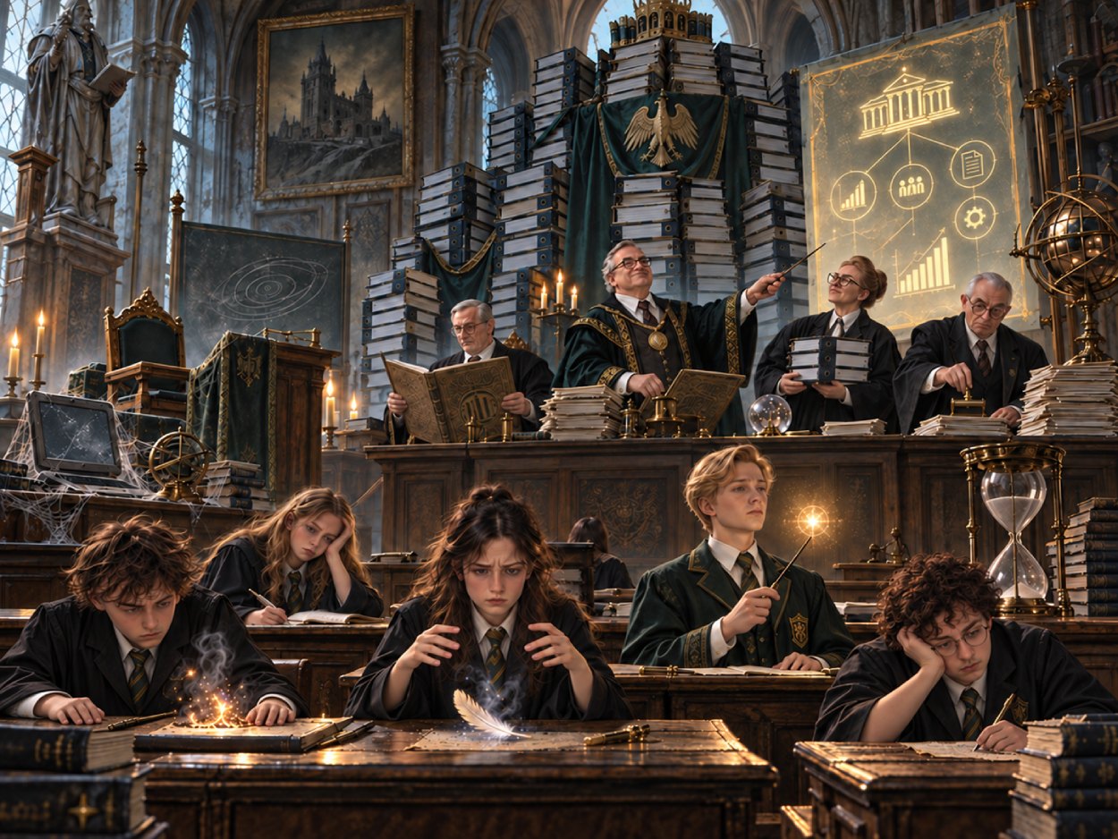 Satirische Fantasy-Illustration einer deutschen Magierakademie: erschöpfte Schüler kämpfen mit einfachen Zaubern, während ein selbstzufriedener Bildungsrat zwischen Aktenbergen, Diagrammen und Verwaltungsritualen tagt.