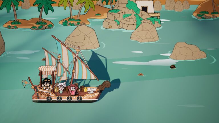 Mansour und seine Crew fahren in Port of Jumanah mit einem kleinen Segelboot durch eine türkisfarbene Inselwelt mit Palmen und Felsen.