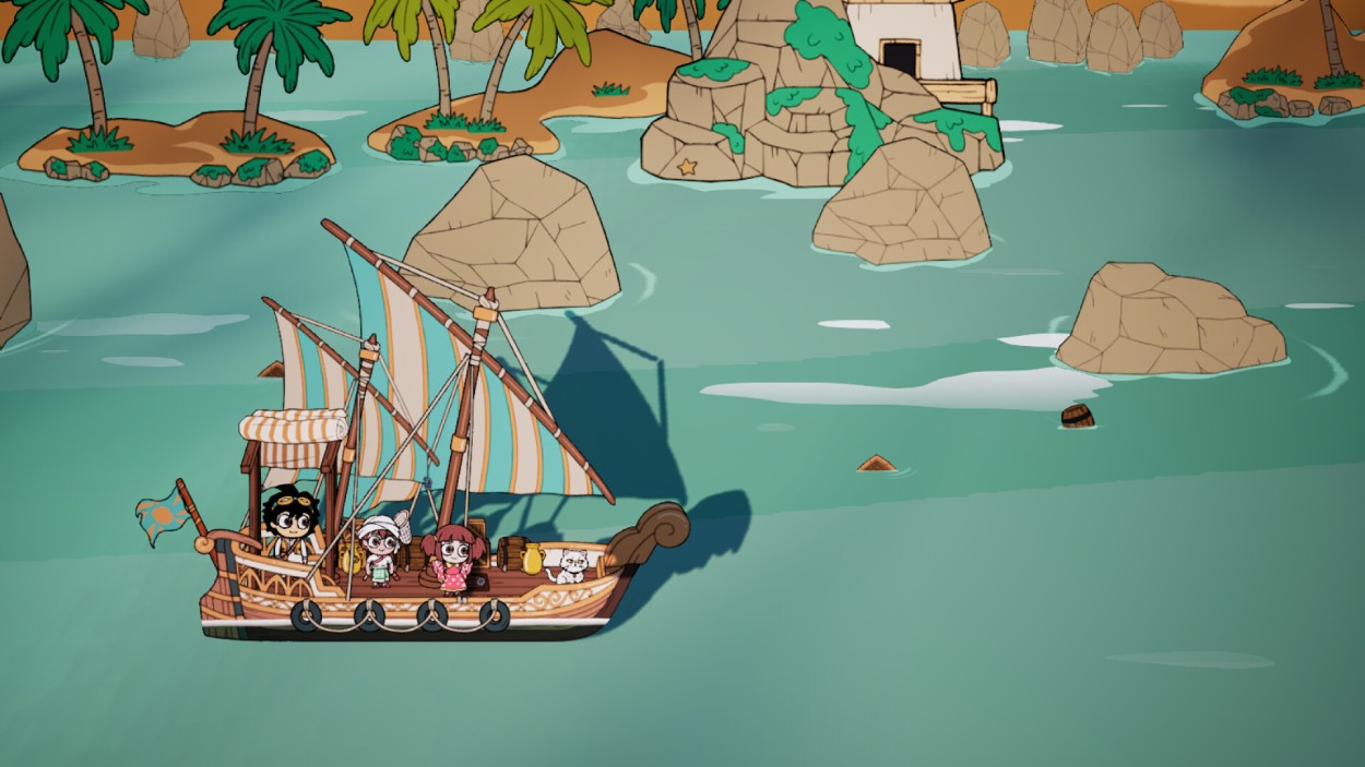 Mansour und seine Crew fahren in Port of Jumanah mit einem kleinen Segelboot durch eine türkisfarbene Inselwelt mit Palmen und Felsen.
