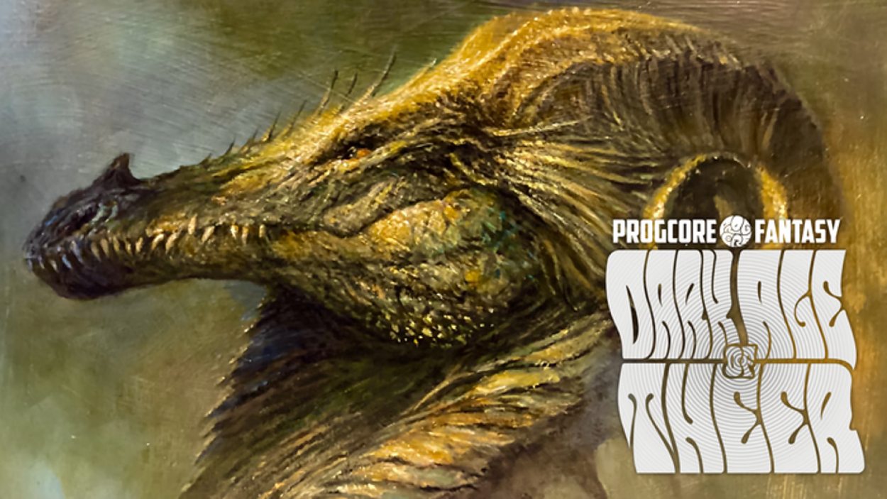 Nahaufnahme eines gewaltigen goldbraunen Fantasy-Drachen mit langem Kopf, kräftigen Hörnern und schuppiger Haut; rechts ist das Logo von ProgCore Fantasy: Dark Age of Theer eingeblendet.
