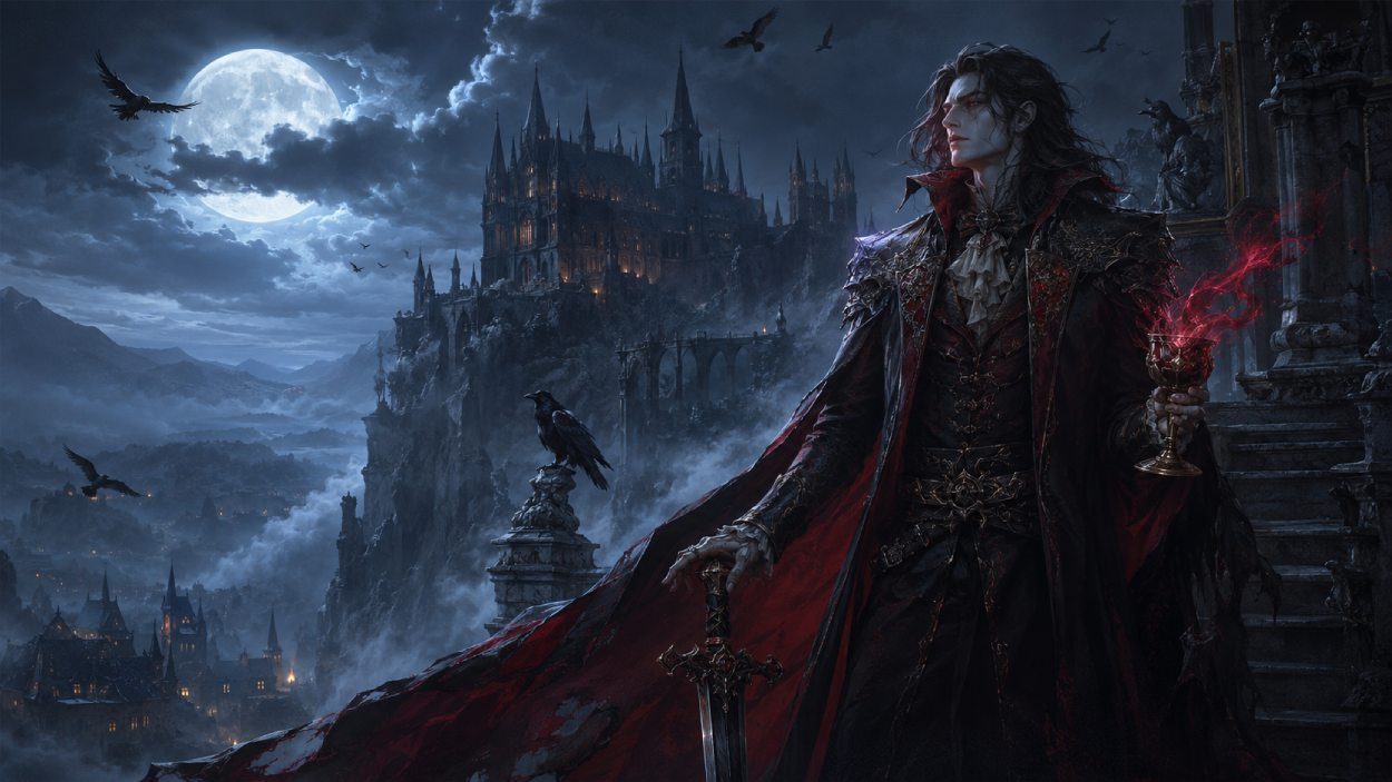 Ein bleicher aristokratischer Vampirlord steht mit Kelch und Schwert vor einer gewaltigen gotischen Burg, während Nebel, Raben und Vollmond die düstere Landschaft beherrschen.