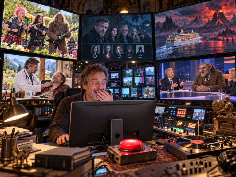 Ein Mann sitzt vor einem Computer mit einem geheimnisvollen Kontrollpult für Fernsehsendungen. Auf mehreren Bildschirmen sind ein Rockmusiker mit zotteliger Gestalt, ein Kreuzfahrtschiff, ein Kriminalfilm und ein Troll in einem Fernsehstudio zu sehen.