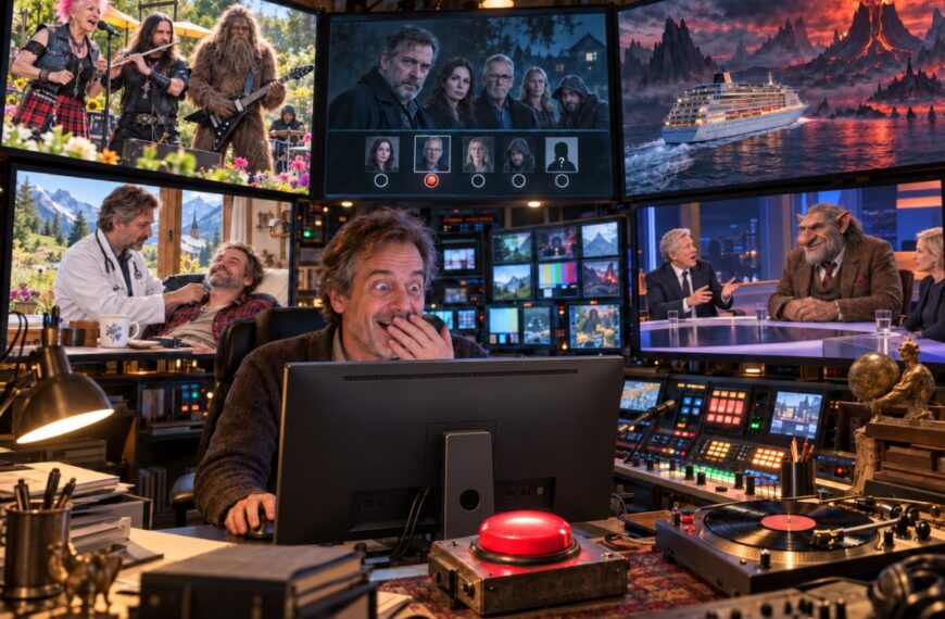 Ein Mann sitzt vor einem Computer mit einem geheimnisvollen Kontrollpult für Fernsehsendungen. Auf mehreren Bildschirmen sind ein Rockmusiker mit zotteliger Gestalt, ein Kreuzfahrtschiff, ein Kriminalfilm und ein Troll in einem Fernsehstudio zu sehen.