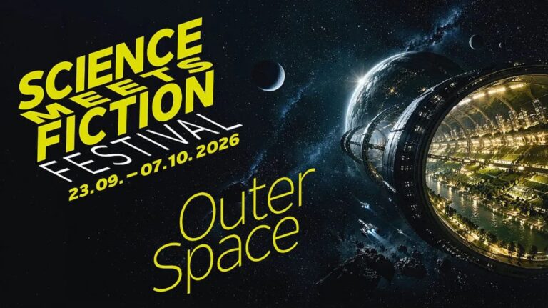 Offizielles Motiv des Science-Meets-Fiction-Festivals 2026 mit futuristischer Raumstation, Planeten und Sternenhimmel sowie dem Motto „Outer Space“.
