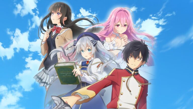 Rio steht gemeinsam mit Miharu, Celia und Aishia vor blauem Himmel im Fantasy-Anime Seirei Gensouki: Spirit Chronicles.