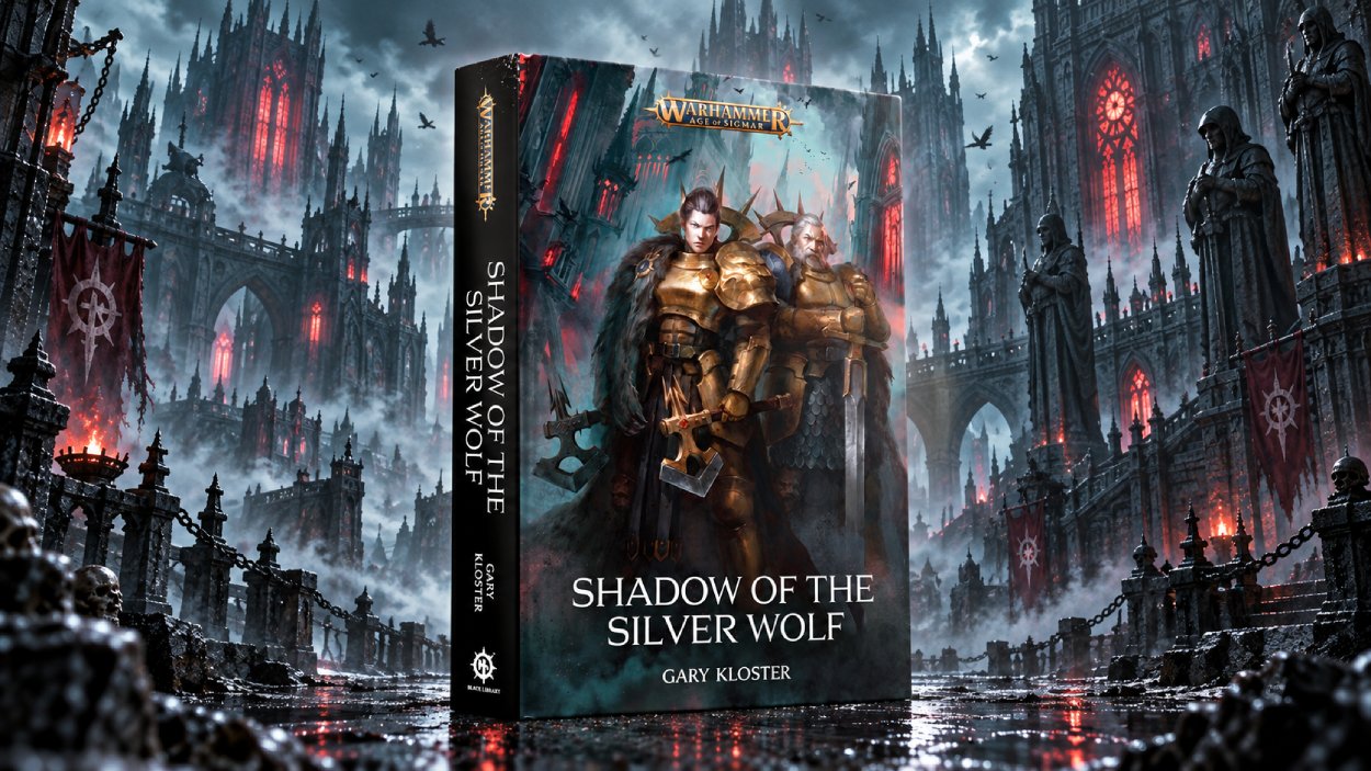 Das Buch Shadow of the Silver Wolf von Gary Kloster steht vor einer düsteren gotischen Fantasy-Stadt mit hohen Türmen, roten Fenstern, Nebel, Statuen und nassem Steinboden.