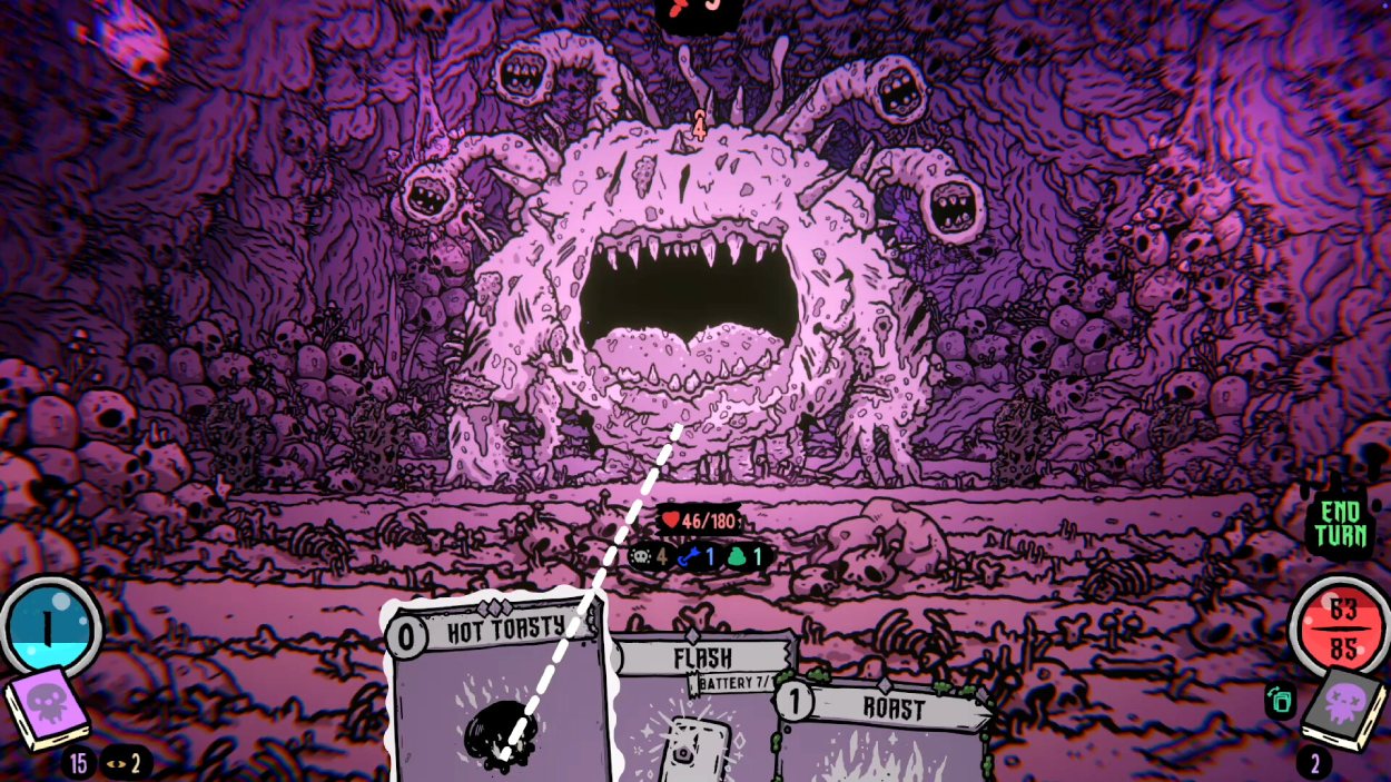 In Shroom and Gloom steht der Spieler in einem violett gefärbten First-Person-Dungeon einem riesigen grotesken Pilzmonster gegenüber, während mehrere Spielkarten im Vordergrund eingeblendet sind.