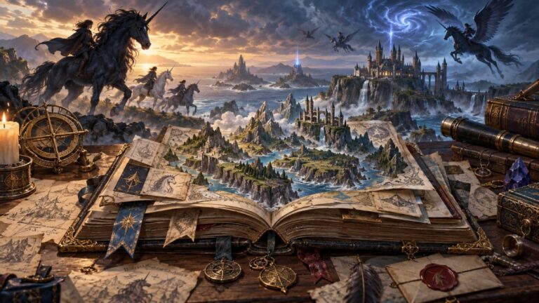 Ein aufgeschlagenes magisches Weltbuch zeigt eine dreidimensionale Fantasy-Insel mit Burgen, Küsten, Einhornreitern und fliegenden geflügelten Einhörnern unter einem dramatischen Himmel.
