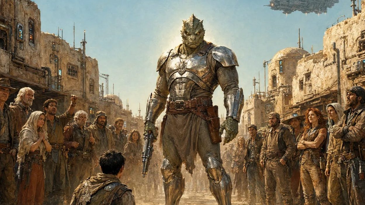 Gepanzerter reptilienartiger Krieger steht zwischen Menschen in einer staubigen futuristischen Grenzstadt, während ein Raumschiff über ihnen schwebt.