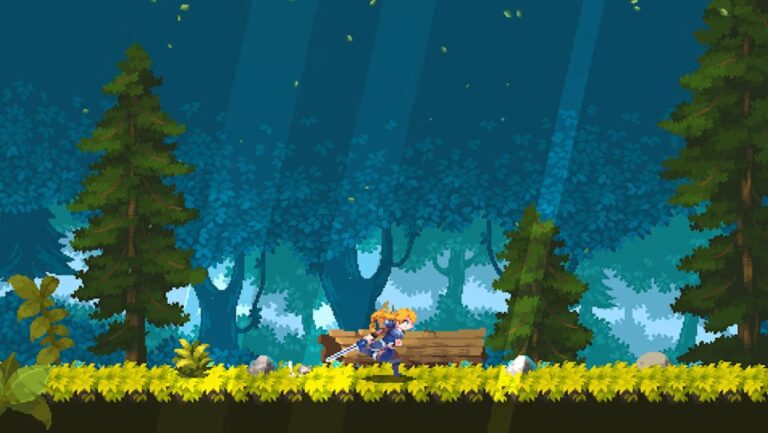Alys kämpft in einer stilisierten Pixel-Fantasywelt mit ihrem Schwert gegen mehrere mythologische Gegner.