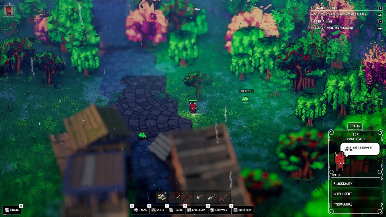 Spielfigur in einer grünen Fantasylandschaft von Soulstonia mit Wegen, Bäumen und Gebäuden; eingeblendete Menüs zeigen Quests, Traits, Skills und Ausrüstung.