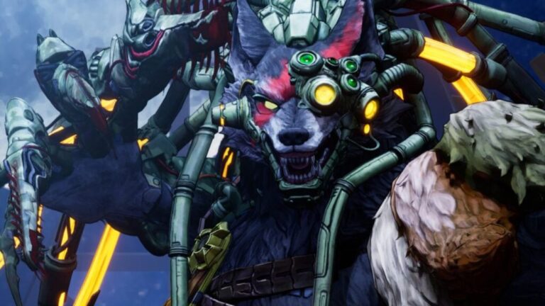 Ein wilder, technisch augmentierter Werwolf mit leuchtenden Apparaturen steht vor einer riesigen biomechanischen Monsterkreatur.