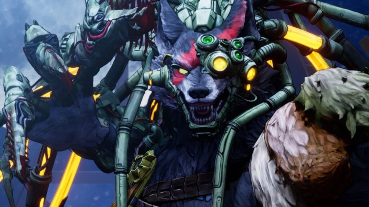 Ein wilder, technisch augmentierter Werwolf mit leuchtenden Apparaturen steht vor einer riesigen biomechanischen Monsterkreatur.