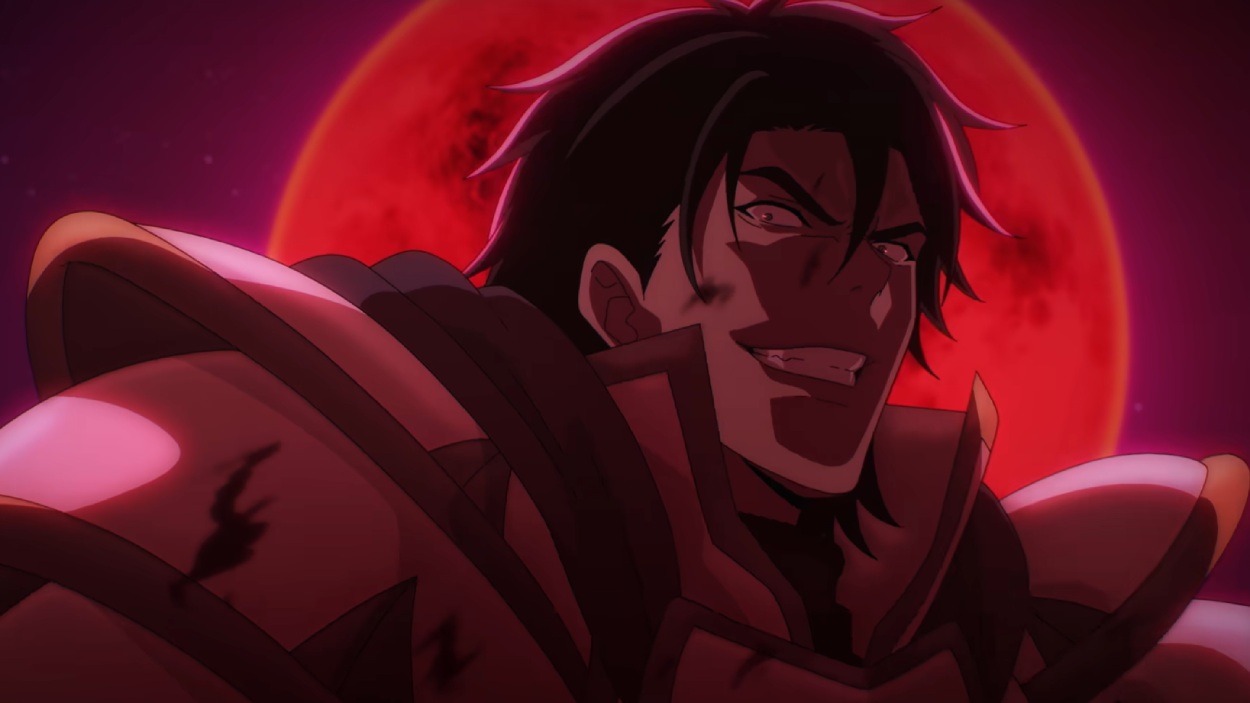 Luca Blight aus Suikoden: The Anime steht in schwerer Rüstung vor einem großen roten Mond und grinst bedrohlich in die Kamera.