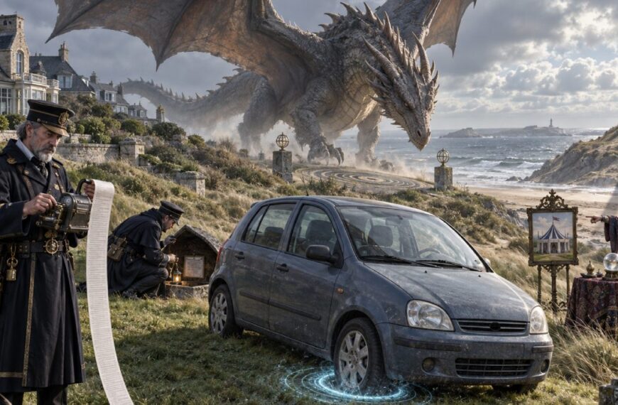 Ein kleines Auto steht auf einer scheinbar freien Wiesenfläche, während daneben ein Drache landet, ein magisches Portal im Boden leuchtet und ein Beamter mit einem langen Strafzettelblock wartet.