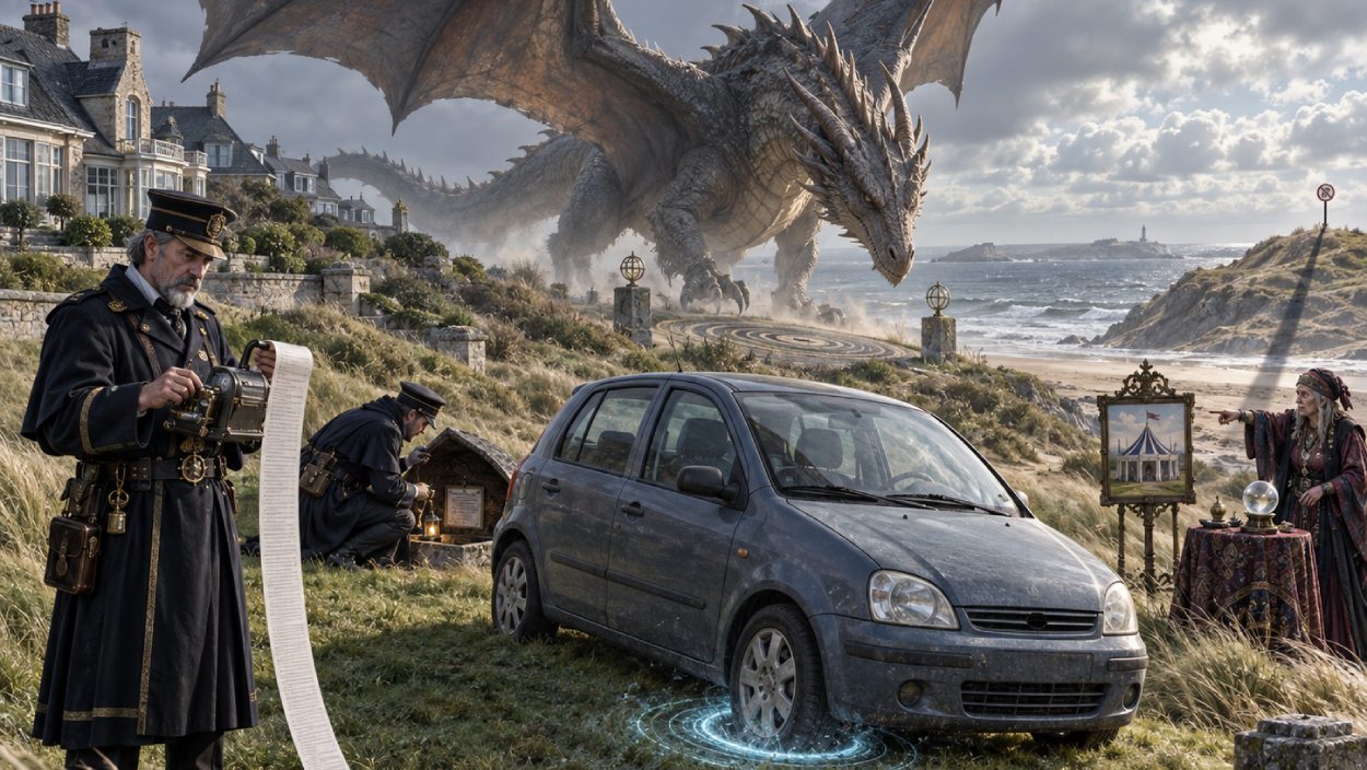 Ein kleines Auto steht auf einer scheinbar freien Wiesenfläche, während daneben ein Drache landet, ein magisches Portal im Boden leuchtet und ein Beamter mit einem langen Strafzettelblock wartet.