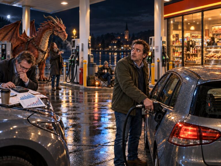 Ein Autofahrer tankt nachts an einer beleuchteten Tankstelle, während ein Mann daneben mit Taschenrechner und Kursdiagrammen rechnet. Im Hintergrund wartet ein großer Drache an einer Zapfsäule und ein weiterer Mann sitzt mit Campingausrüstung zwischen den Tanksäulen.