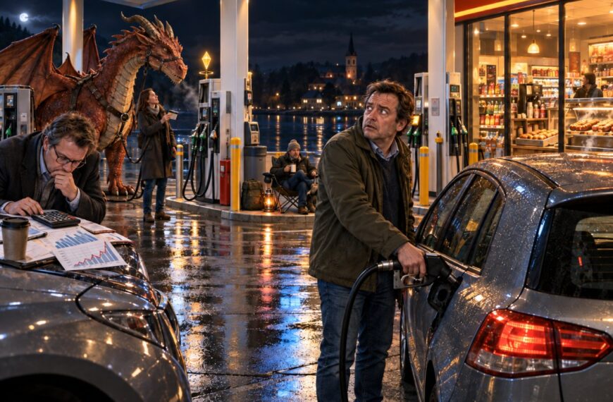 Ein Autofahrer tankt nachts an einer beleuchteten Tankstelle, während ein Mann daneben mit Taschenrechner und Kursdiagrammen rechnet. Im Hintergrund wartet ein großer Drache an einer Zapfsäule und ein weiterer Mann sitzt mit Campingausrüstung zwischen den Tanksäulen.
