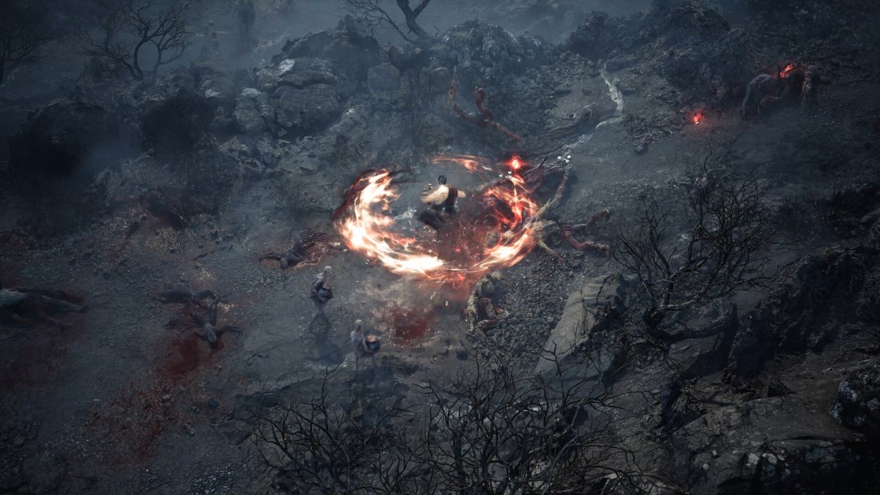 Ein Kämpfer entfesselt in TARAE: The Unbound einen kreisförmigen Feuerangriff gegen mehrere Gegner in einer düsteren, verwüsteten Fantasylandschaft.