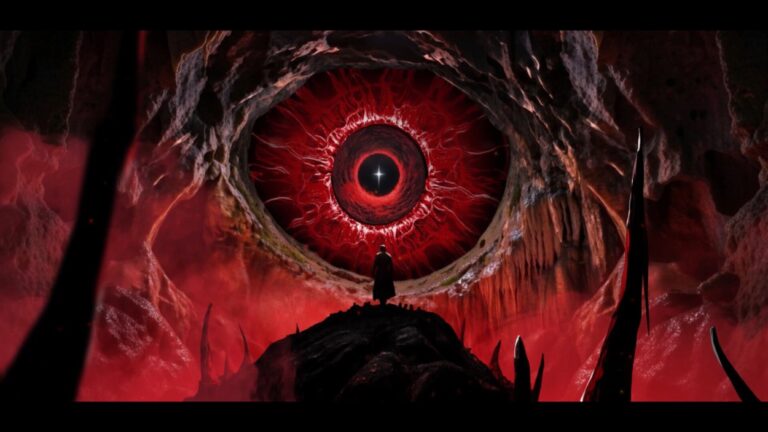 Eine einzelne Gestalt steht in The Alighieri Circle: Dante’s Bloodline vor einem riesigen roten Auge in einer höllischen, organisch wirkenden Landschaft.