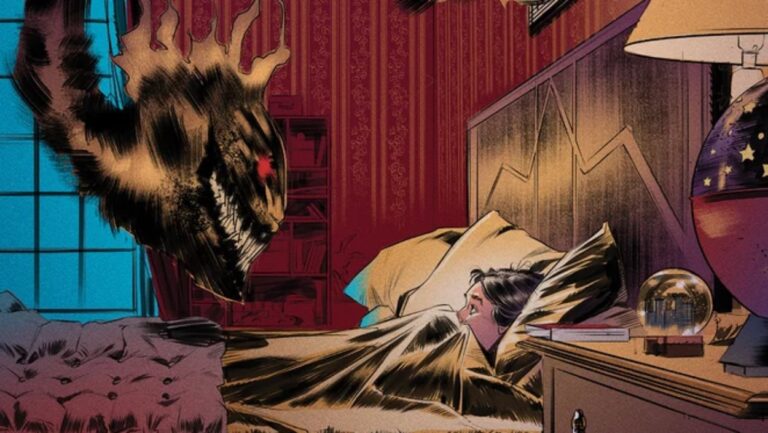 Dämonische schwarze Gestalt schwebt über einem verängstigten Kind im Bett in einem Motiv aus dem Horrorcomic The Crying Boy.