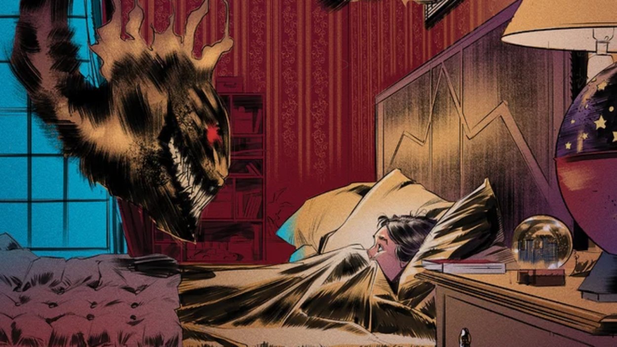 Dämonische schwarze Gestalt schwebt über einem verängstigten Kind im Bett in einem Motiv aus dem Horrorcomic The Crying Boy.
