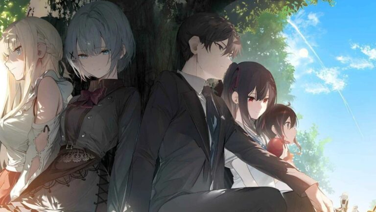 Mehrere Hauptfiguren aus The Detective Is Already Dead sitzen gemeinsam unter einem großen Baum, darunter Siesta und Kimihiko.