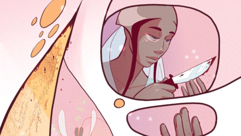 Priesterin Chrell hält ein Messer in einer organischen, fleischartigen Umgebung im Science-Fiction-Comic The Flesh of the World.