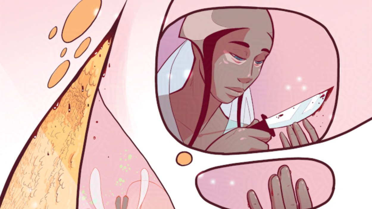 Priesterin Chrell hält ein Messer in einer organischen, fleischartigen Umgebung im Science-Fiction-Comic The Flesh of the World.