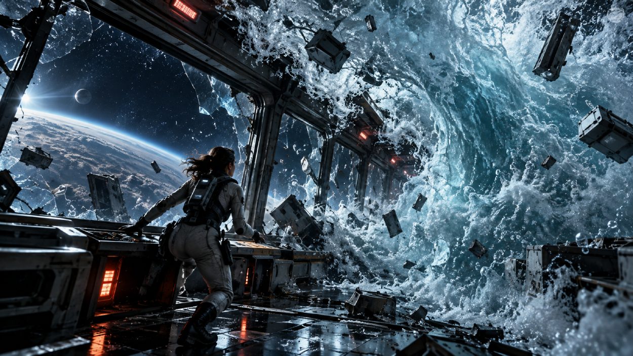 Astronautin steht in einer beschädigten Raumstation, während eine gewaltige Wasserwand durch das Innere bricht und die Erde im Hintergrund zu sehen ist.