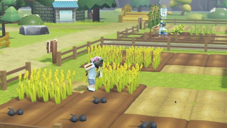Roblox-Figur arbeitet zwischen Getreidefeldern und ausgetrockneten Ackerflächen in The Hardest Farming Game.