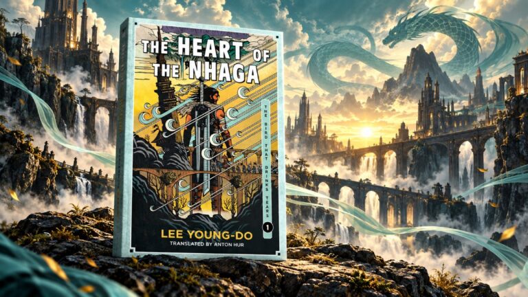 Das Cover von Lee Young-dos The Heart of the Nhaga steht vor einer gewaltigen Fantasylandschaft mit hohen Türmen, Brücken, Wasserfällen und riesigen schlangenartigen Wesen am Himmel.
