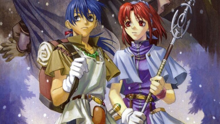 Jurio mit blauem Haar und Christina mit rotem Haar stehen in winterlicher Landschaft; Christina hält einen langen Stab, Jurio trägt Reisegepäck.