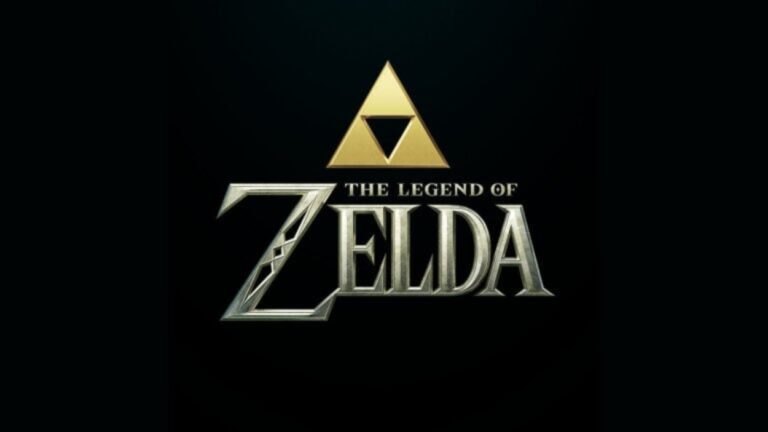Das offizielle Logo von The Legend of Zelda mit goldener Triforce auf schwarzem Hintergrund.
