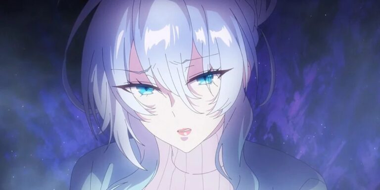 Mifuyu Yukino aus The Lonely Snow Widow and the Cursed Ring ist in einer blau-violetten übernatürlichen Aura zu sehen.
