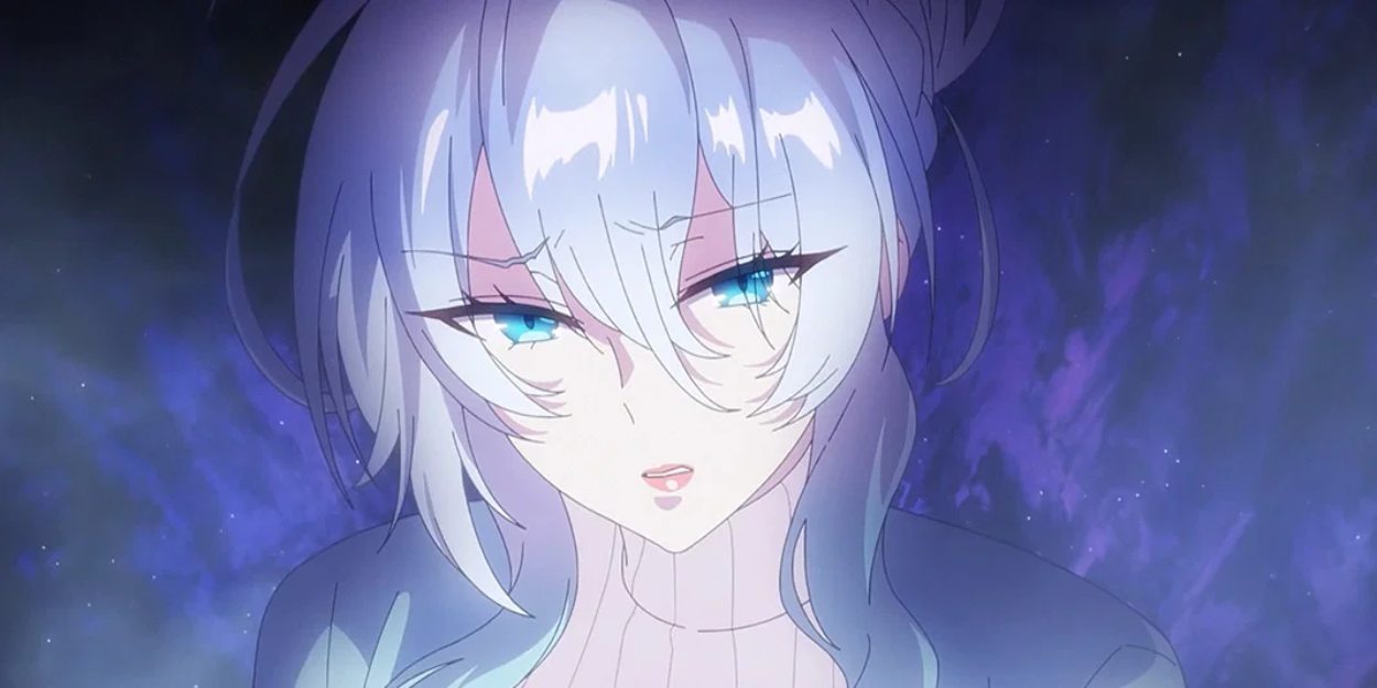 Mifuyu Yukino aus The Lonely Snow Widow and the Cursed Ring ist in einer blau-violetten übernatürlichen Aura zu sehen.