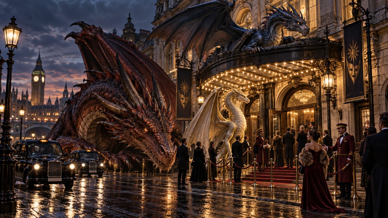 Mehrere große Drachen stehen und hocken vor einem prachtvoll beleuchteten Theater in London, während elegant gekleidete Gäste über den roten Teppich ins Gebäude strömen; im Hintergrund ist die Londoner Skyline mit Uhrturm zu sehen.