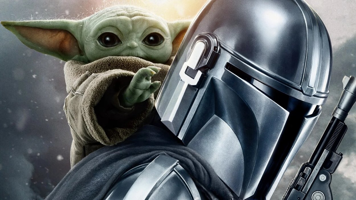 Grogu blickt über die Schulter des Mandalorianers Din Djarin, dessen silberner Helm und Rüstung den Vordergrund des Star-Wars-Motivs dominieren.