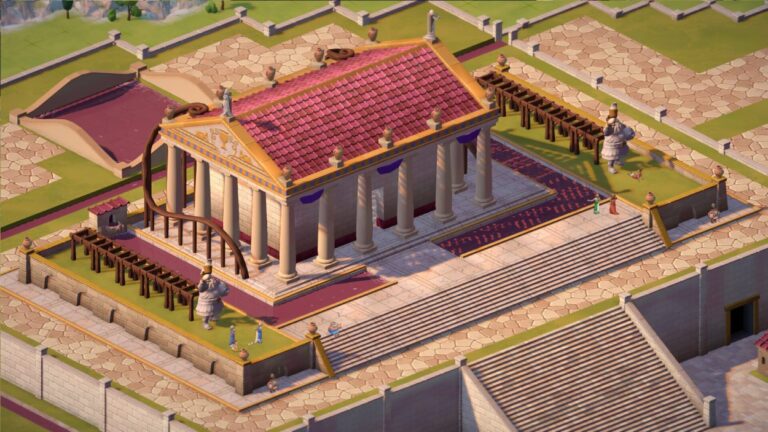 Isometrische Stadtansicht aus Theos: Cities of Myth mit einem großen antiken Tempel, breiten Treppen, Statuen und ausgebauten Straßen.