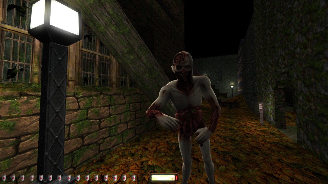 Eine groteske untote Kreatur steht in einer nächtlichen Gasse aus Thief: The Dark Project Remastered, während Garretts Benutzeroberfläche am unteren Bildrand zu sehen ist.