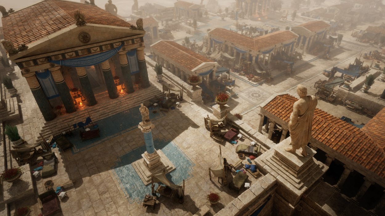 Eine weitläufige antike Stadt aus Titan Quest II mit Tempeln, Säulenhallen, Statuen und roten Ziegeldächern in hellem mediterranem Licht.