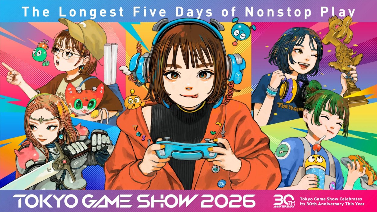 Offizielles Keyart der Tokyo Game Show 2026 mit mehreren gezeichneten Spielerinnen, bunten Gaming-Motiven und dem Schriftzug „The Longest Five Days of Nonstop Play“.