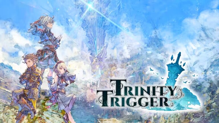 Die drei Hauptfiguren aus Trinity Trigger stehen vor einer hellen Fantasylandschaft mit dem offiziellen Trinity-Trigger-Logo.