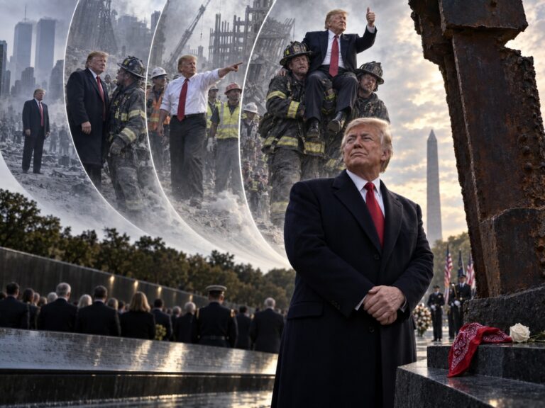Donald Trump steht bei einer Gedenkveranstaltung vor einem großen Stahlträger, während hinter ihm geisterhaft mehrere immer größer werdende historische Darstellungen seiner eigenen Person zu sehen sind.