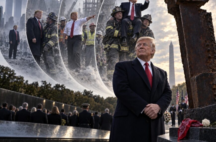 Donald Trump steht bei einer Gedenkveranstaltung vor einem großen Stahlträger, während hinter ihm geisterhaft mehrere immer größer werdende historische Darstellungen seiner eigenen Person zu sehen sind.